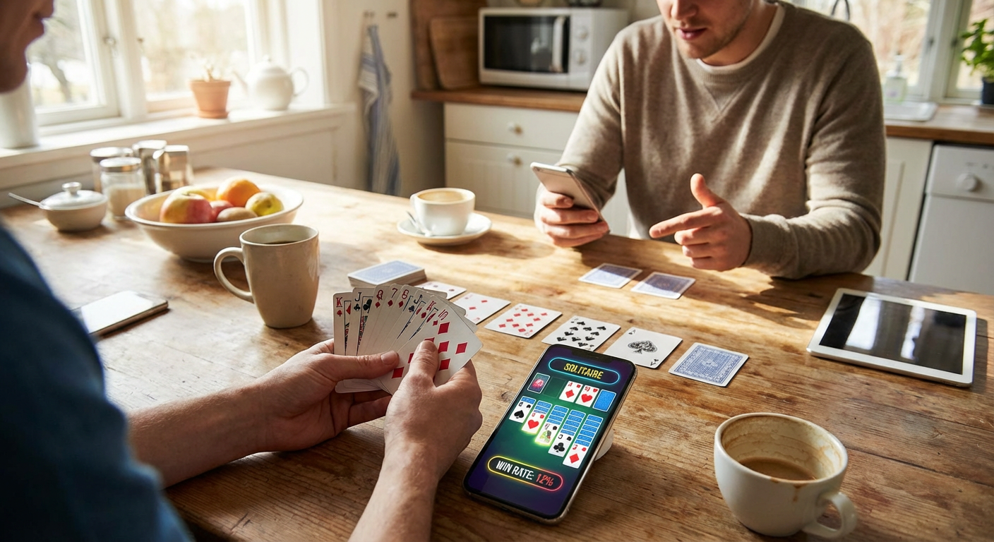 A split composition showing a messy pile of physical playing cards on a wooden table versus a sleek, glowing digital interface significantly displaying victory stats.