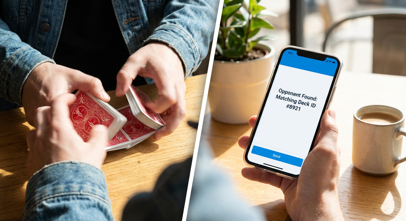 Side-by-side comparison of a physical riffle shuffle and a digital server matchmaking queue.