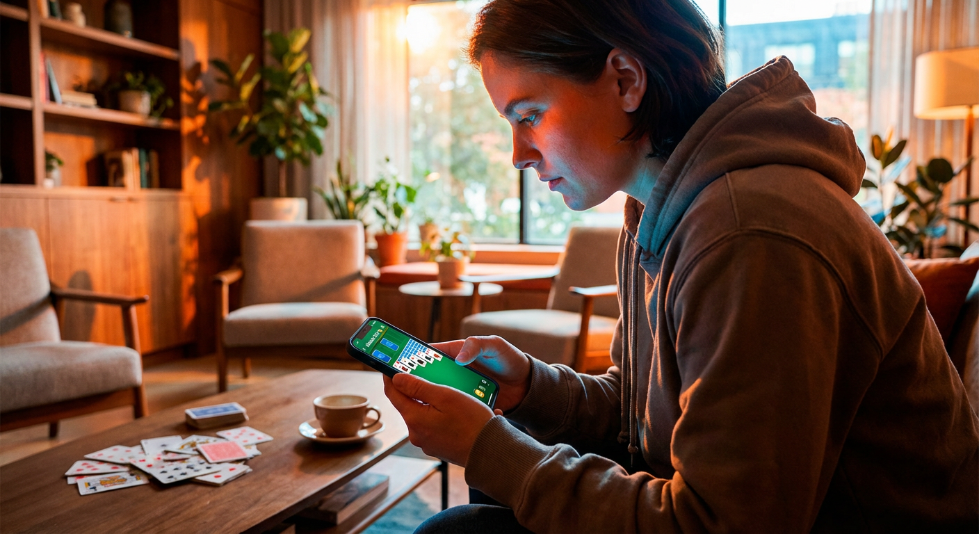 A player heavily focused on a smartphone in a tournament setting.