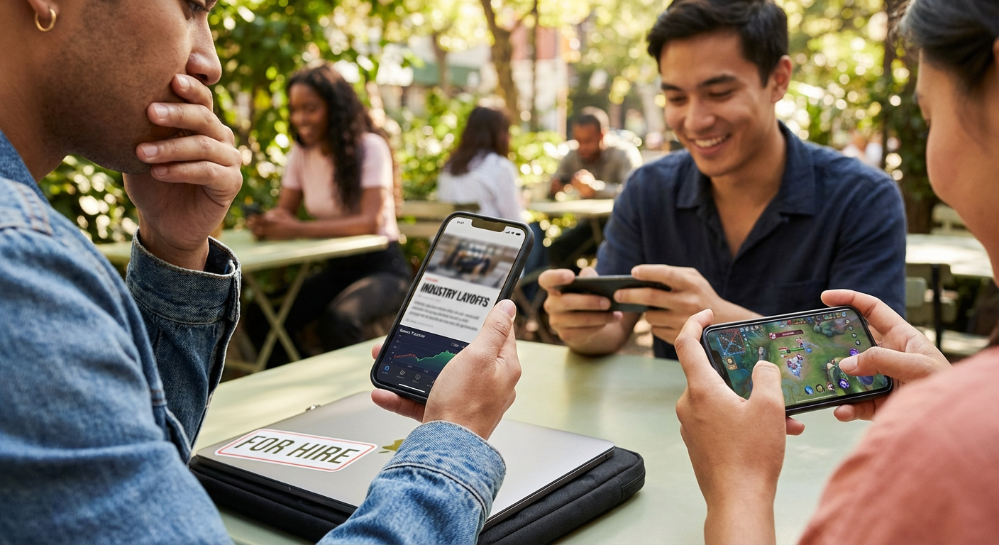 A close up of a smartphone screen showing a vibrant game interface, contrasted against a blurred background of a traditional office building with lights turning off.