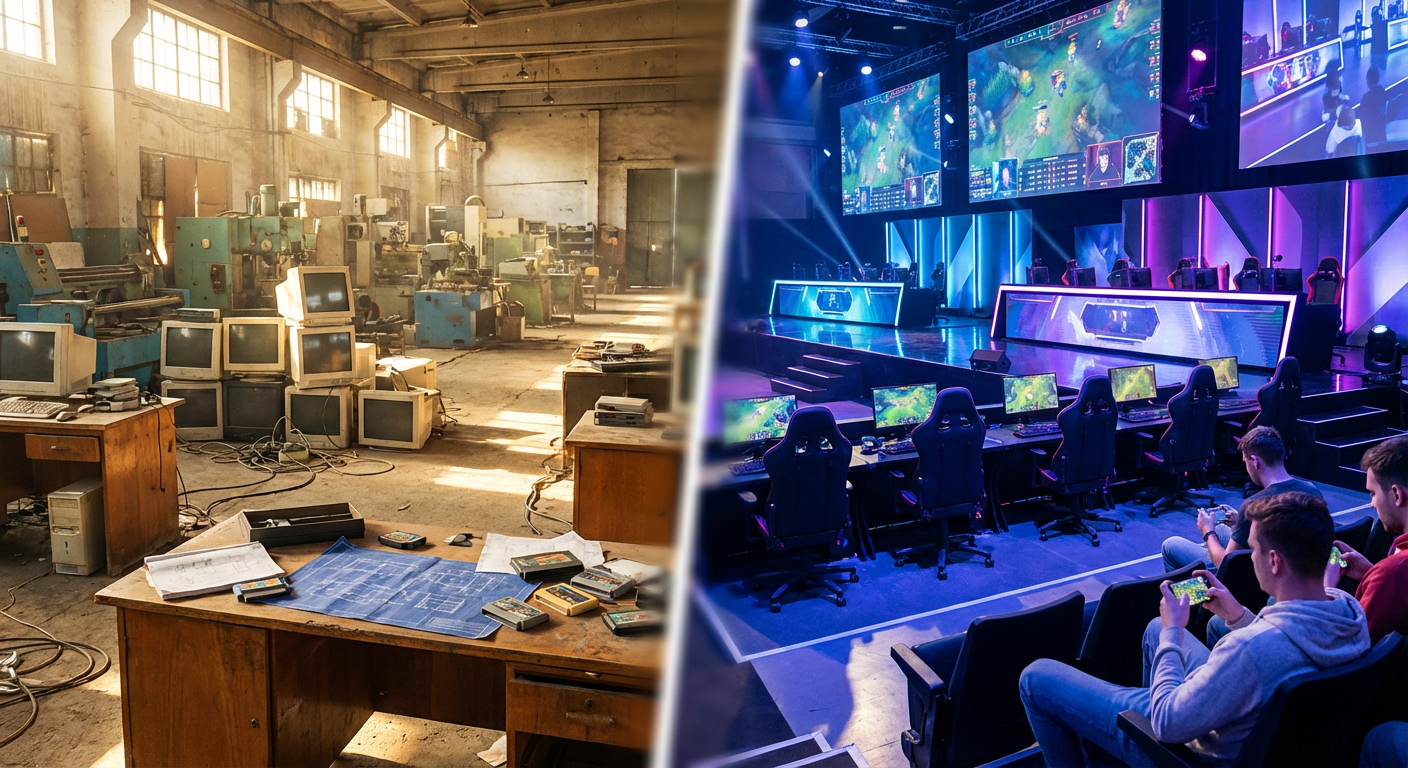 A visual comparison between a complex, messy factory floor and a sleek, modern sports stadium.