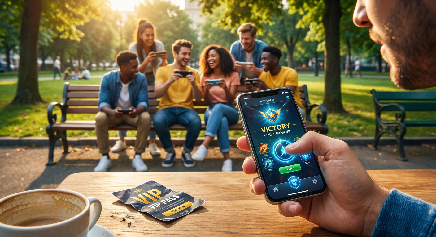 A sleek digital illustration showing a mobile phone screen displaying a tournament trophy, with a rising revenue graph in the background.