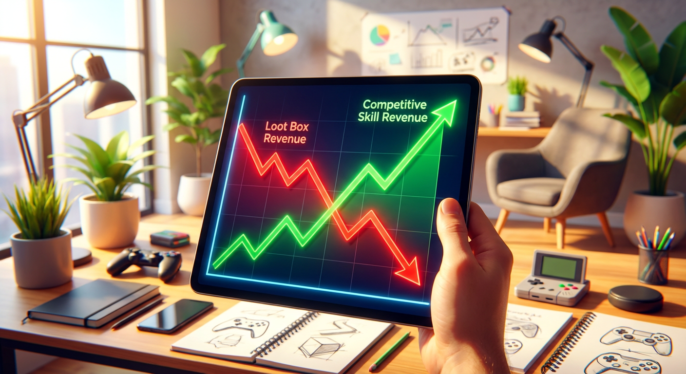 Data visualization showing the divergence between declining loot box revenue and rising skill-gaming revenue in 2026.