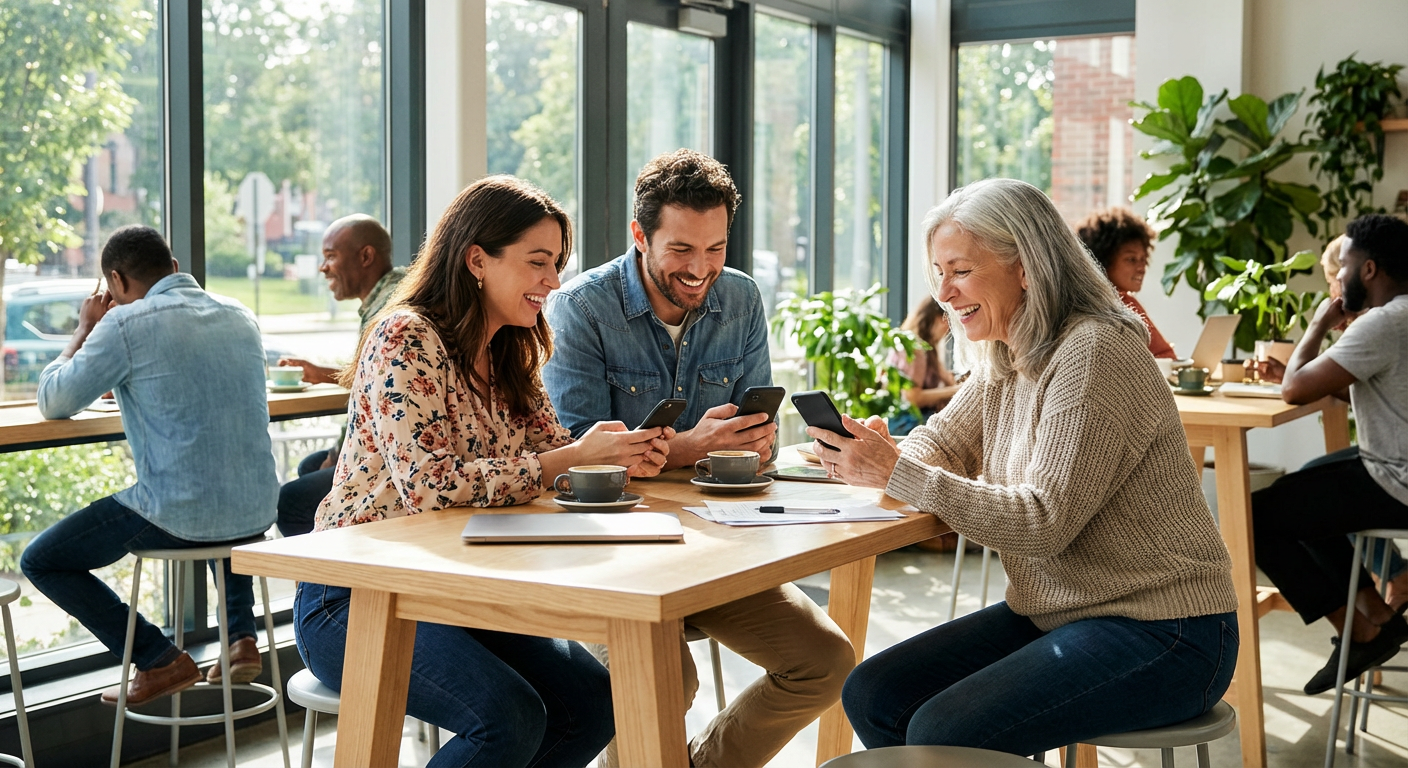 A diverse group of adults casually playing mobile games in a coffee shop setting.