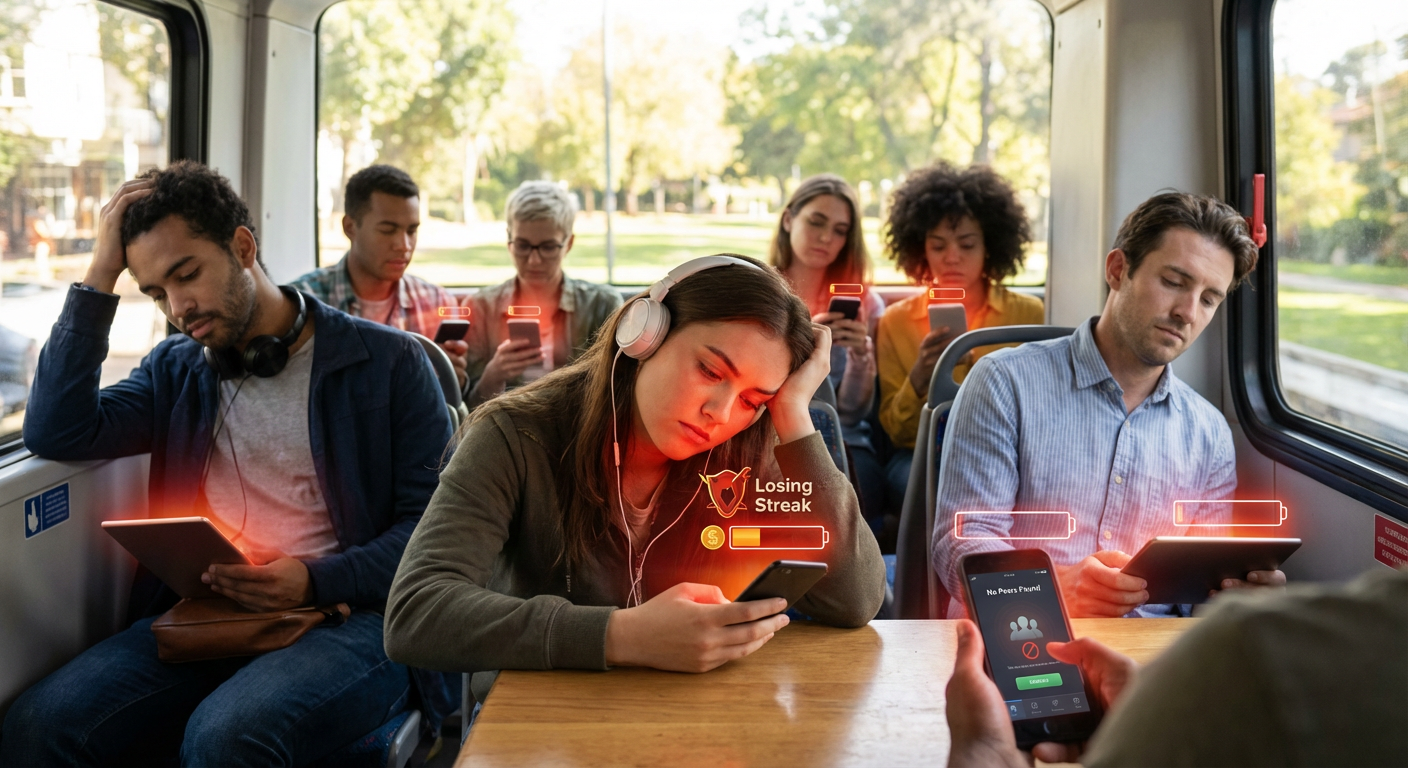 A digital representation of a mobile game matchmaking lobby showing data streams and player avatars connecting.